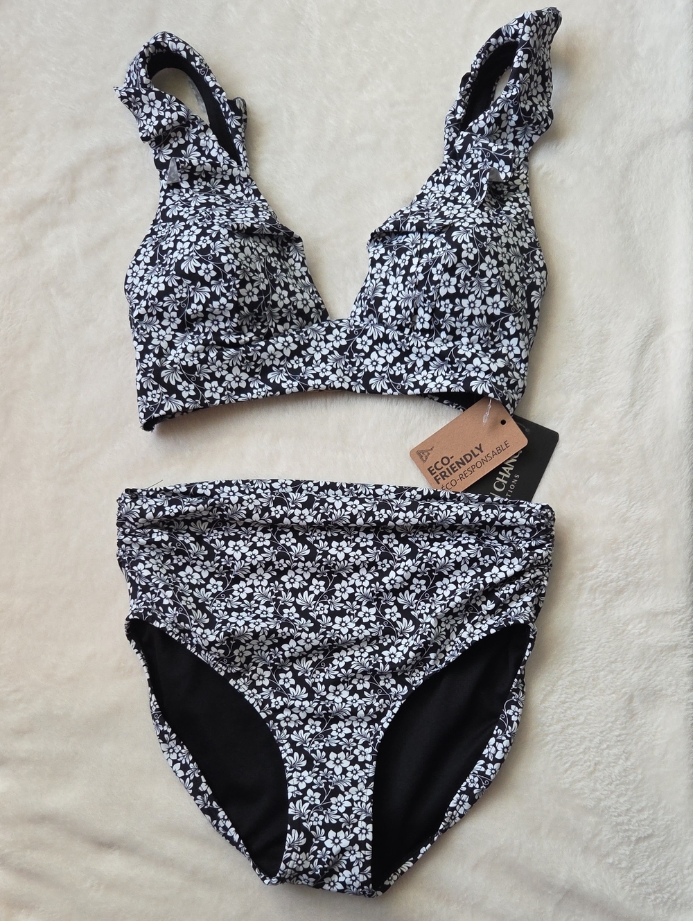 Simon Chang Ditsy Floral 2 Piece Bathing Suit - Black & White Bikini - Size 8